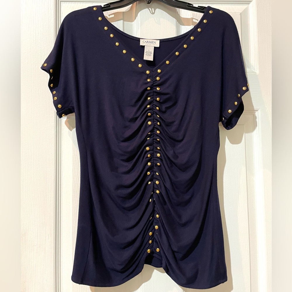 Carmen Marc Valvo Navy Blue Ruched Top with Gold Accents